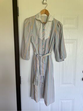 vintage model coat shirt dress house coat features pastel stripes tie waist